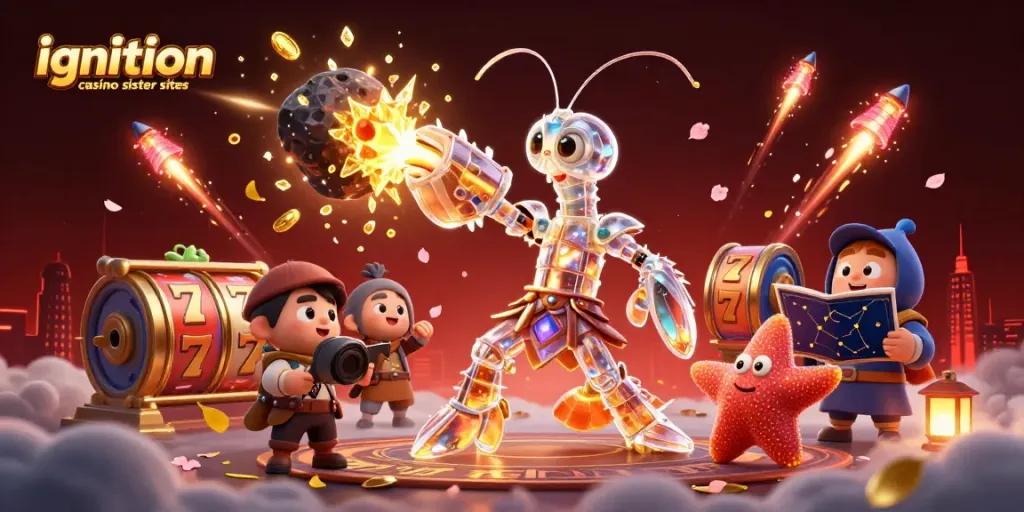 Action-packed scene featuring characters related to ignition casino sister sites, showcasing dynamic gaming elements.
