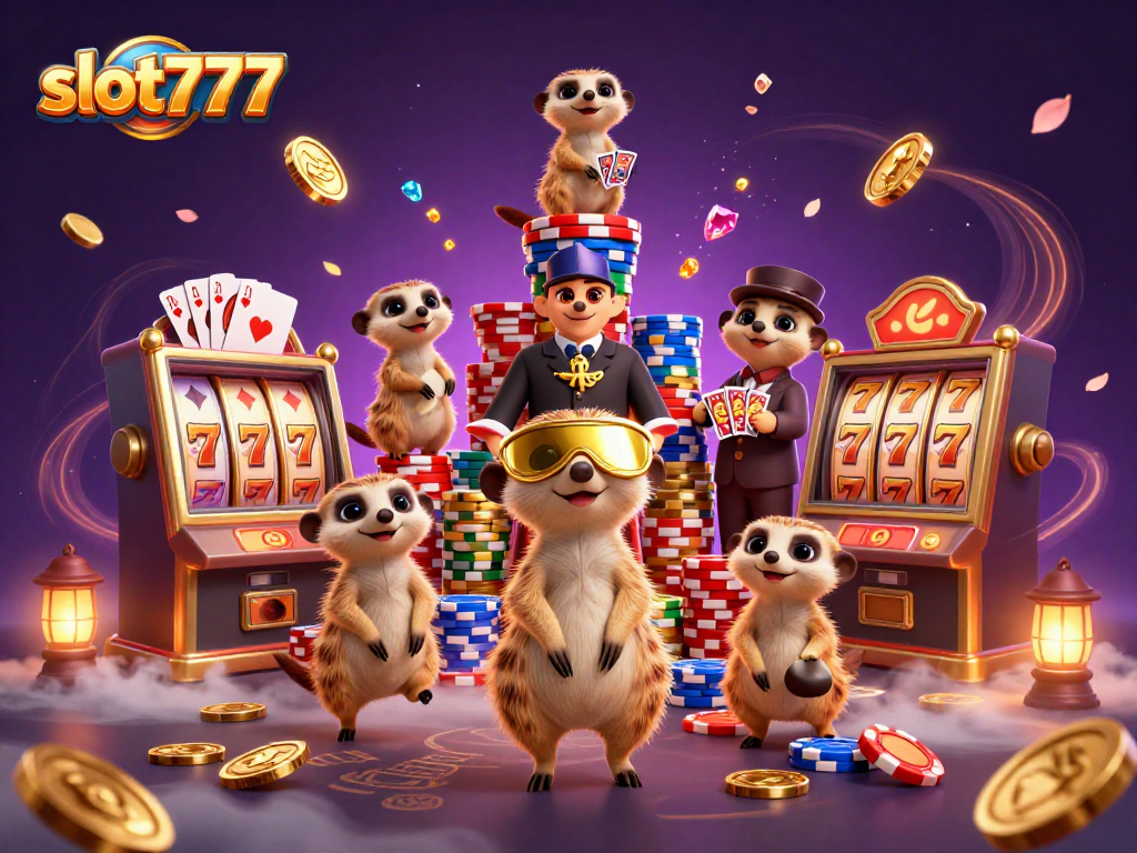 Engage in fun gaming with Slot777 featuring dynamic meerkats managing an animated casino.
