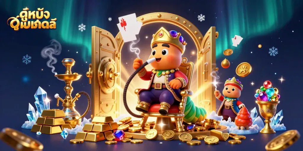 Engage with ดูหนังออนไลน์ in a vibrant casino-themed 3D scene filled with treasure and excitement