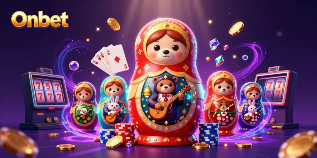 Experience the thrill of Onbet with vivid casino-themed 3D digital art showcasing diverse gaming elements.