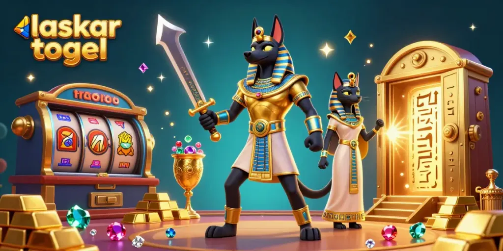 Engage with laskar togel in a vibrant casino scene featuring Anubis and Bastet amidst treasure.