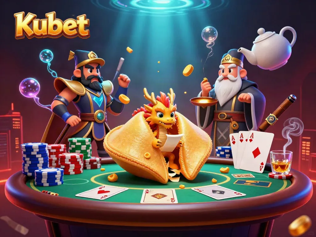 Kubet illuminates thrilling casino action with a golden fortune cookie and dragon in a vibrant, dynamic scene.