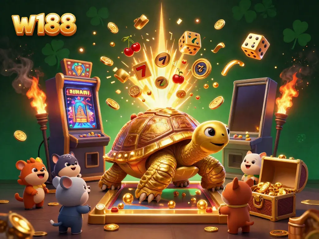 Experience the excitement of w188 with a colorful casino scene featuring a colossal golden tortoise and jackpots.
