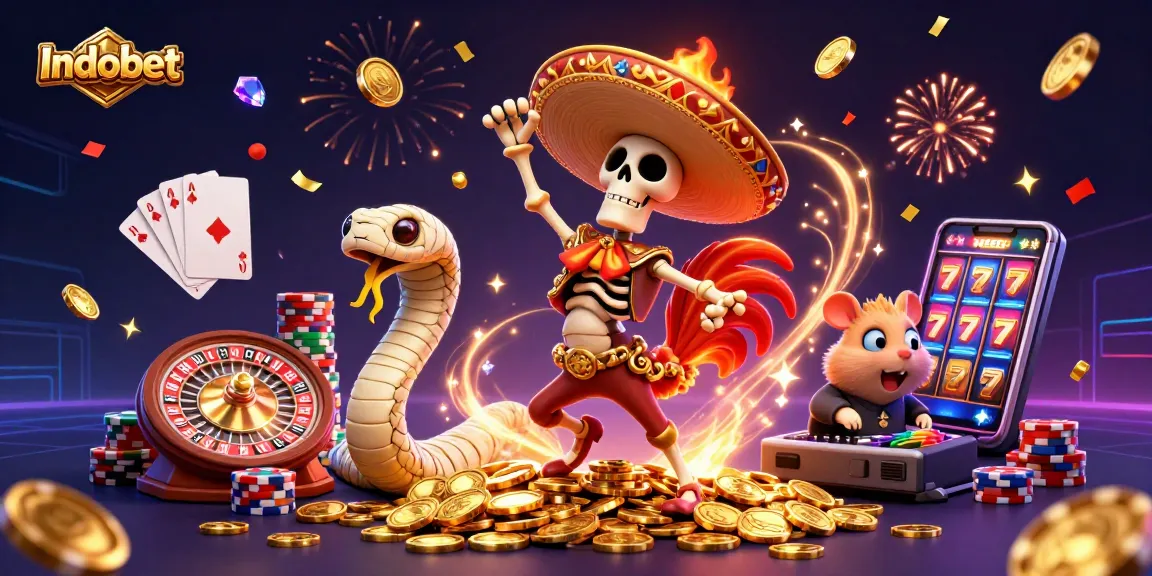 Indobet menampilkan skeleton mariachi merayakan kemenangan bersama koin emas dan simbol perjudian.