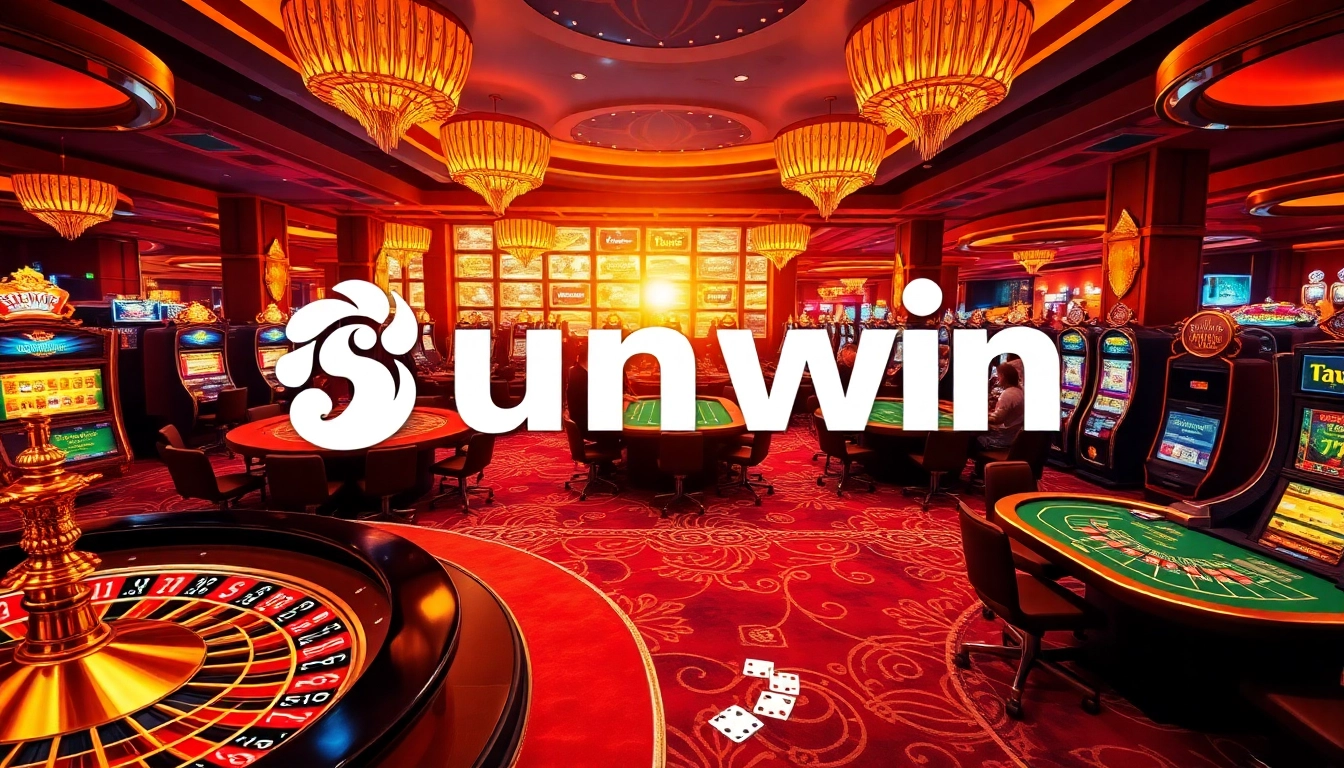 Experience the thrill of casino gaming at Sunwin with vibrant tables, roulette wheels, and engaged players.