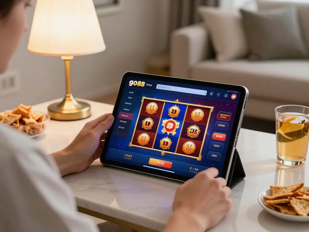 Player engaging with go88 app for casino gaming on tablet in cozy home setting
