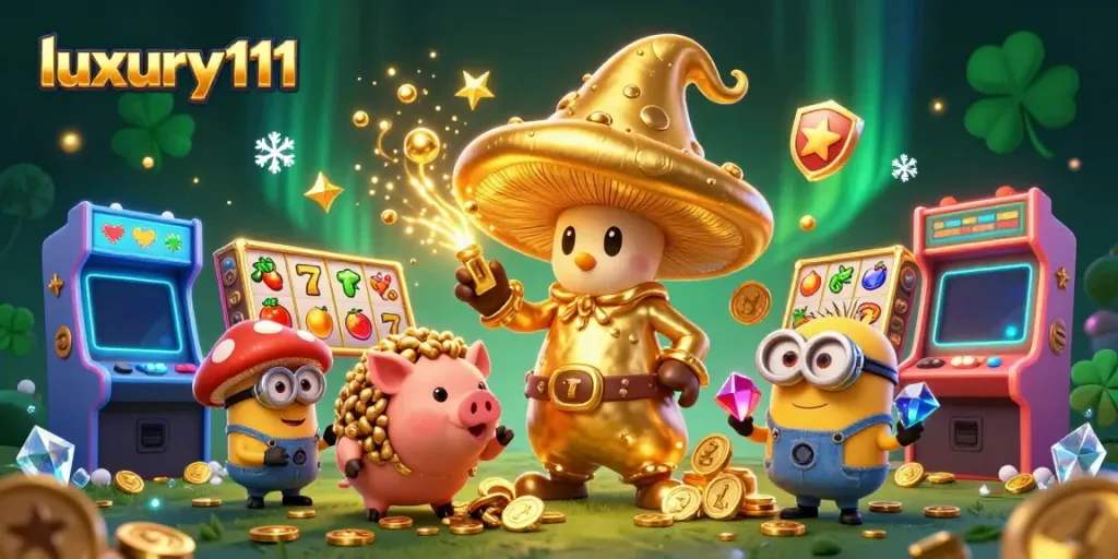 Experience thrilling gameplay with luxury111's magical golden mushroom wizard in a vibrant casino scene.