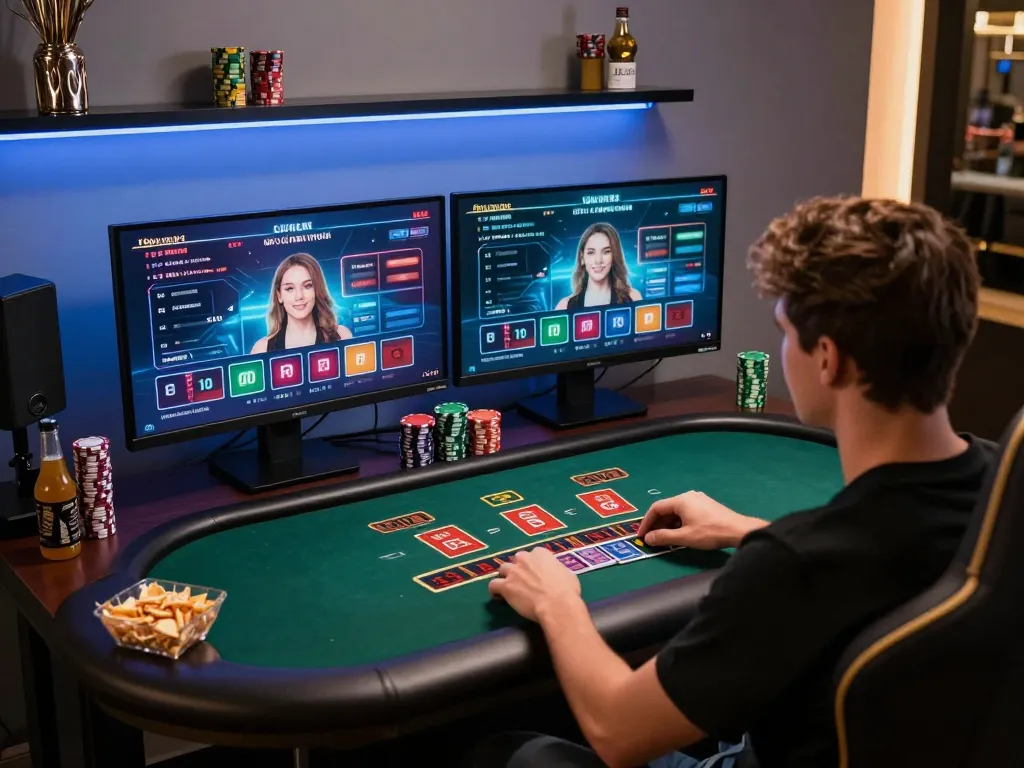 Player enjoying g28tv blackjack at home gaming setup with live dealer interface.