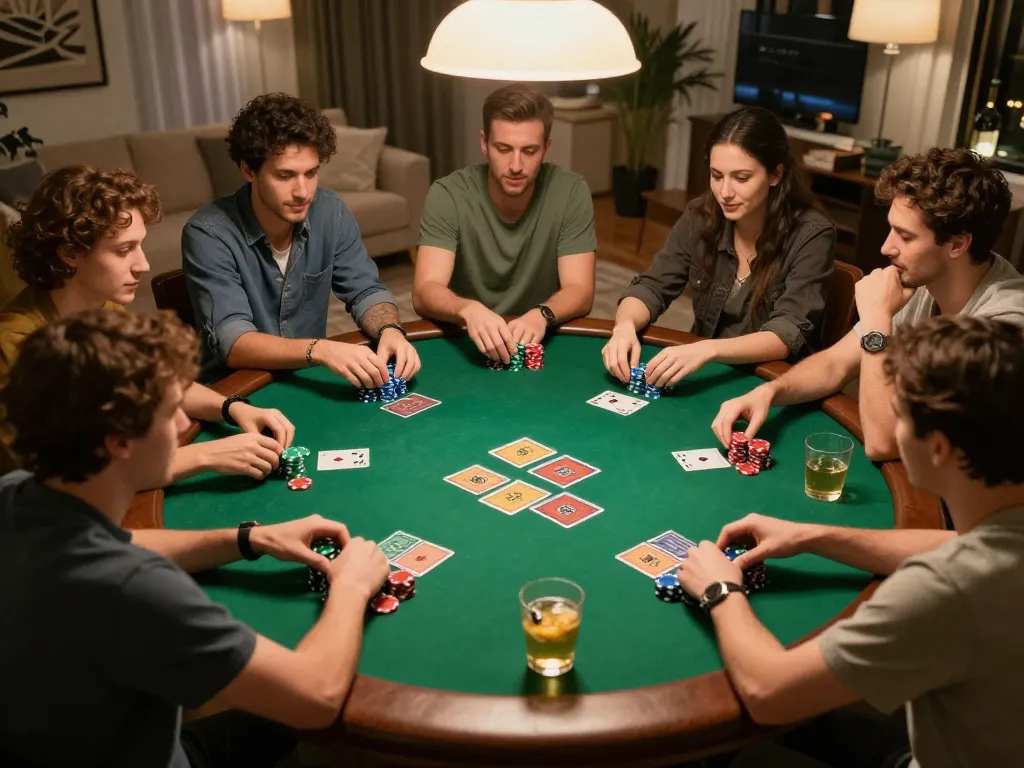 Friends enjoying an exciting poker game night at home with F8BET strategies in action.