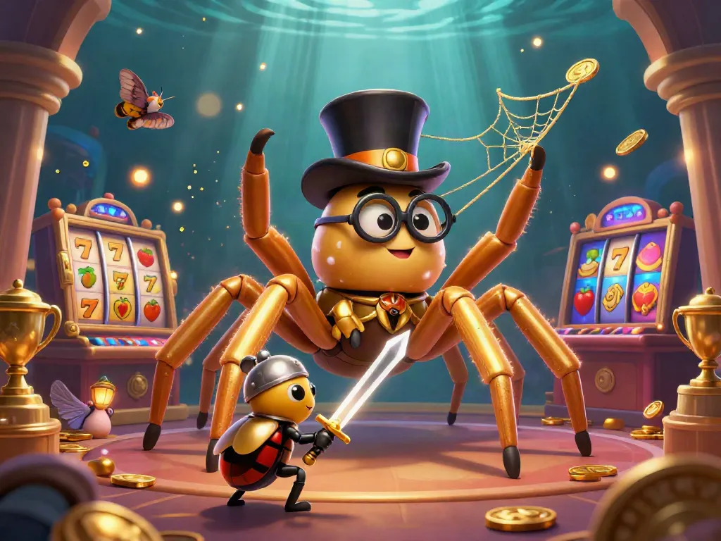 MANTIS88 ignites your gaming excitement with a golden tarantula weaving magical threads amid captivating slot reels.
