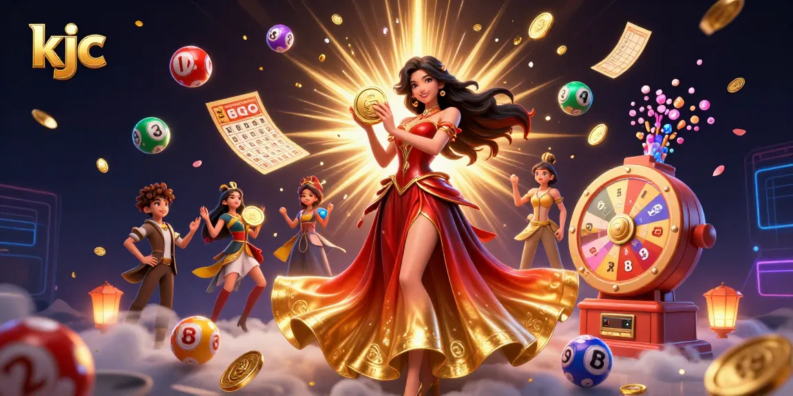 KJC platform showcases a vibrant lottery scene with an Asian woman holding a golden coin amidst colorful game elements and confetti.