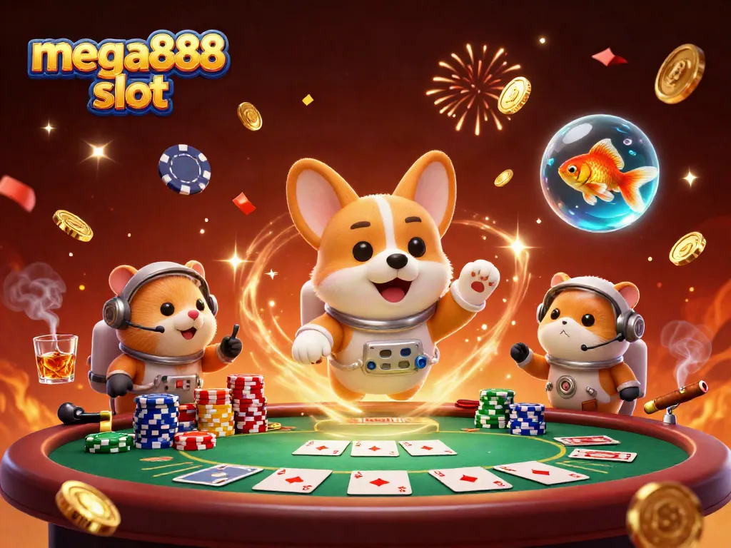 Experience the mega888 slot adventure in this vibrant space casino with corgi and hamster characters.