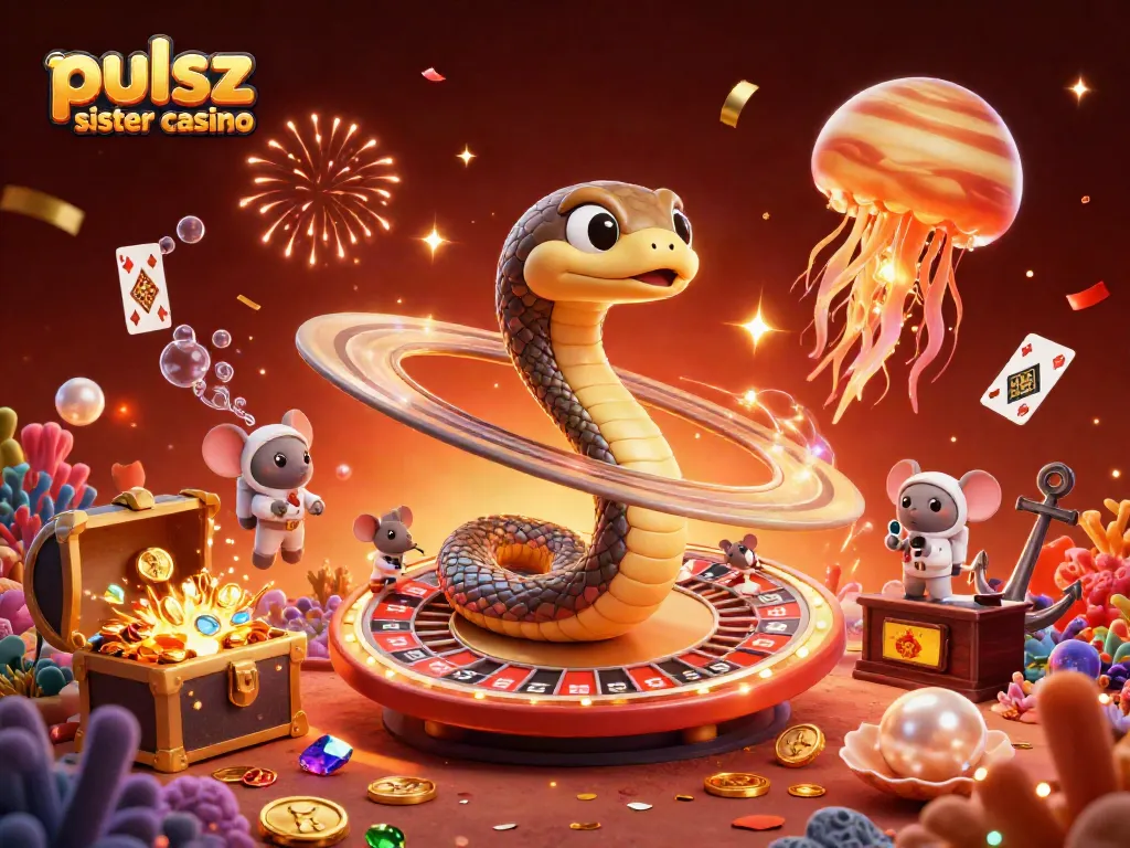 Pulsz sister casino offers an engaging cosmic scene with playful astronauts betting amidst vibrant gold coins and prizes.