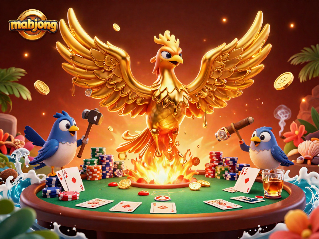 Experience mahjong excitement with a molten phoenix and poker elements in vibrant casino art.