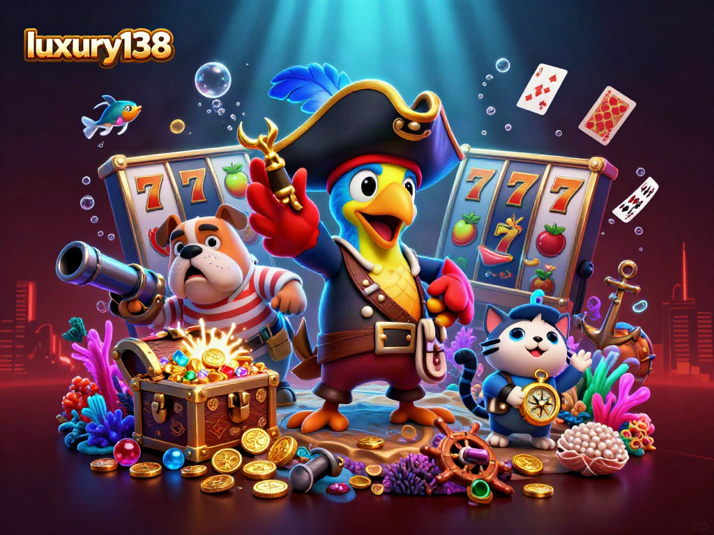 Slot permainan luxury138 dengan karakter kartun bajak laut yang penuh warna.