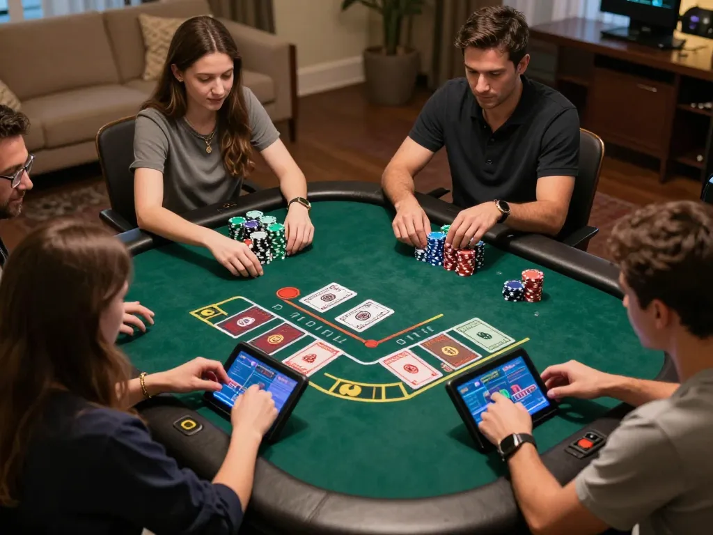 vaobet players engaged in thrilling virtual blackjack action with colorful chips and cards