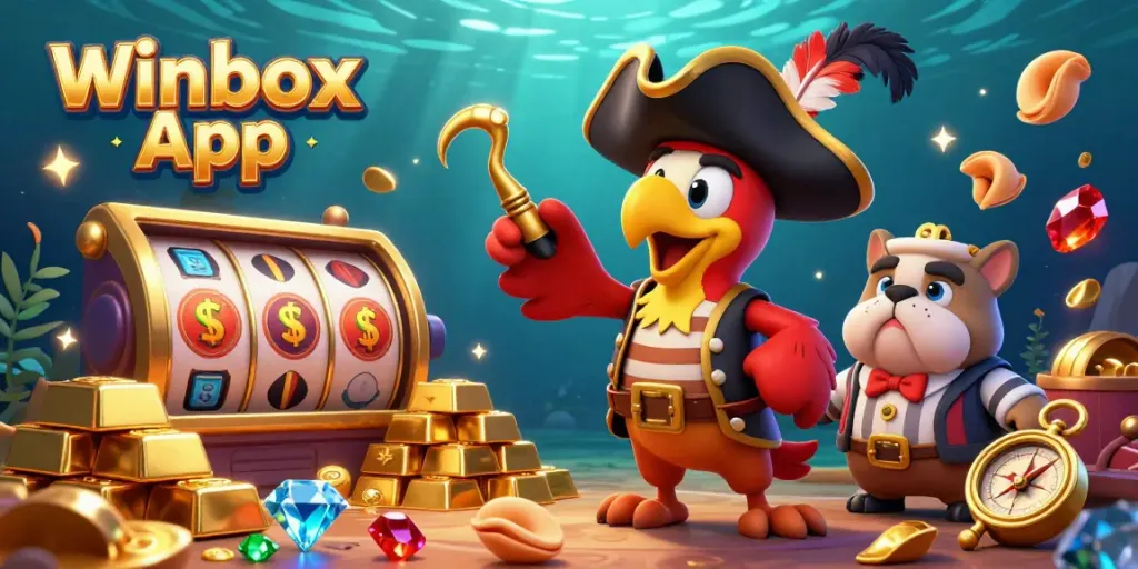Engage in thrilling gaming adventures with the Winbox App, surrounded by vibrant casino elements.