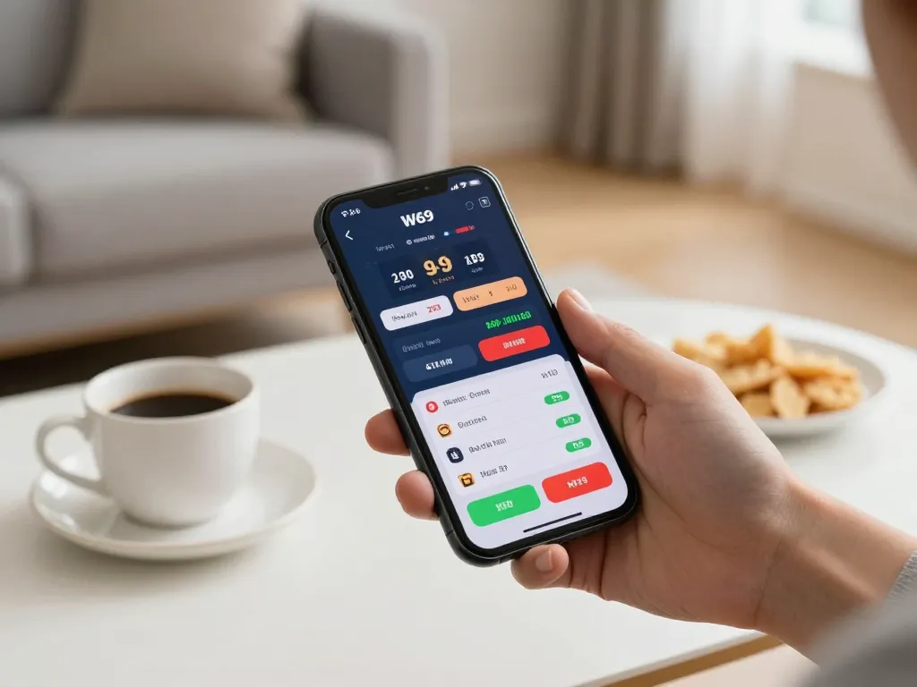 Engaging moment of sports betting using the W69 app on a smartphone in a cozy home setting.