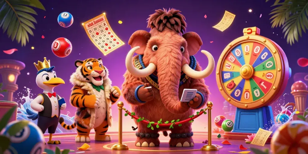 Experience thrilling slot bonus action in this vibrant 3D casino scene featuring dynamic characters and game elements.