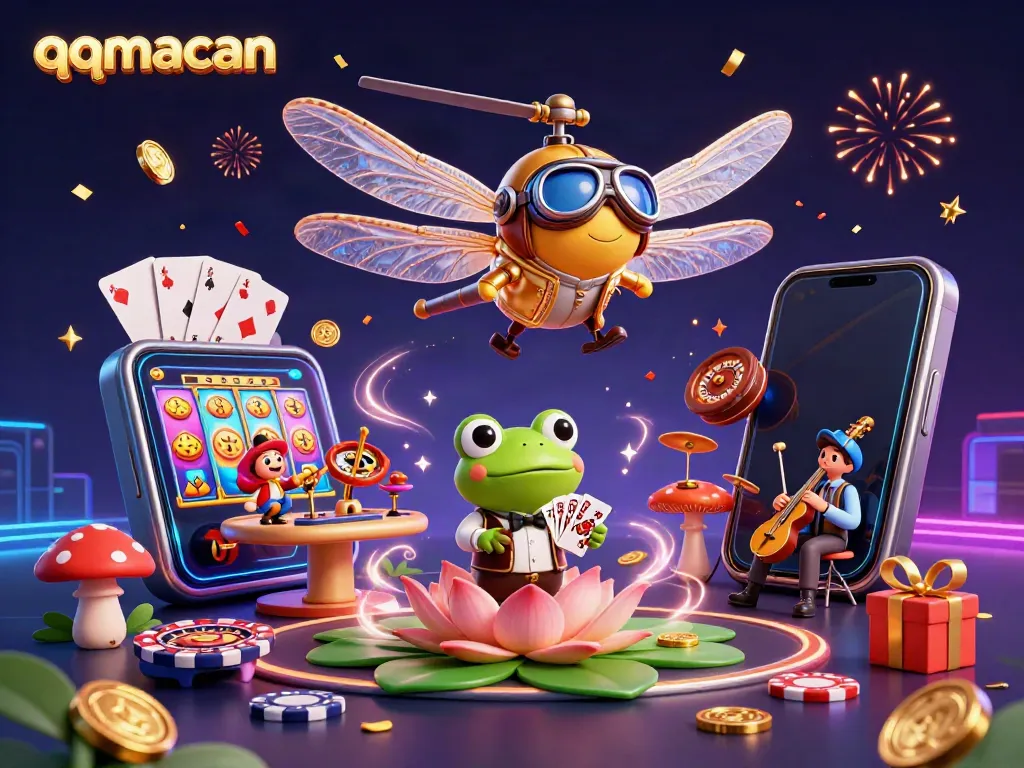 Experience the excitement of qqmacan with a vivid 3D scene featuring a dragonfly pilot and frog croupier.