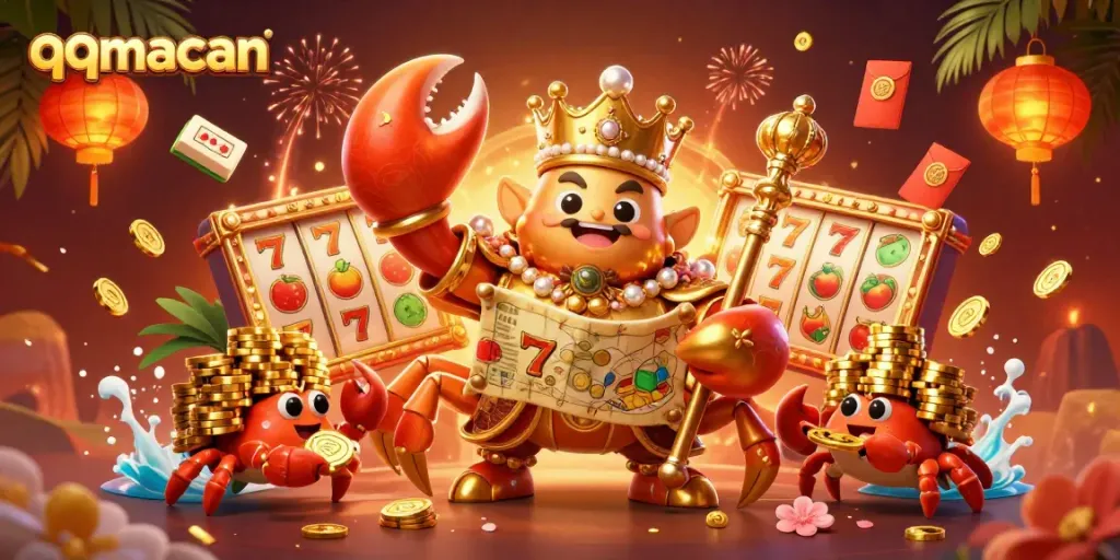 Experience qqmacan's electrifying slots action with a golden crab emperor surrounded by dynamic gaming elements.