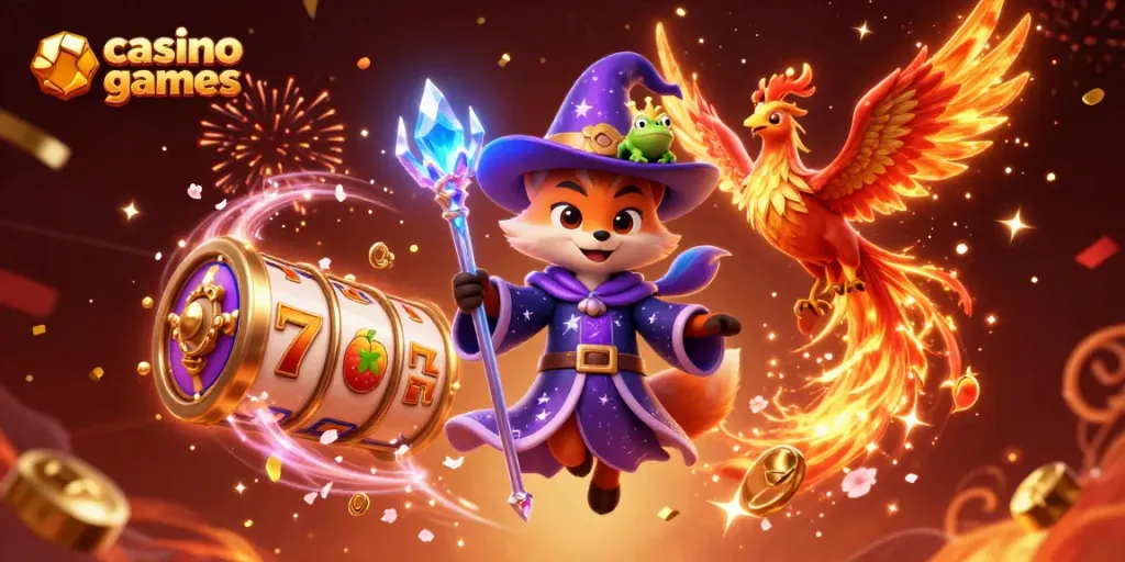 Engage with exciting casino games alongside a mystical fox and fiery phoenix in a vibrant 3D scene.