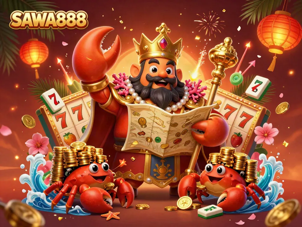 Experience large golden crab emperor and his treasure in the SAWA888 casino scene.