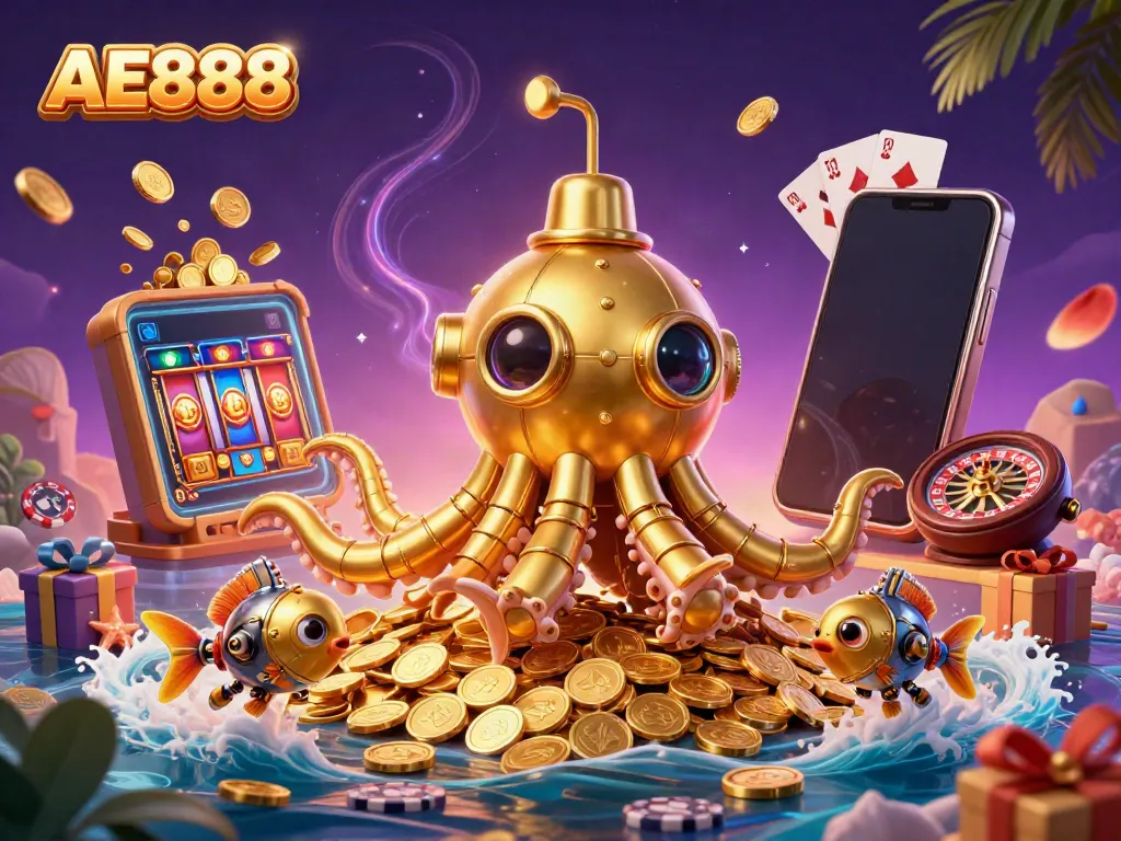 Experience the thrilling world of AE888 with vivid gaming elements and an adventurous kraken