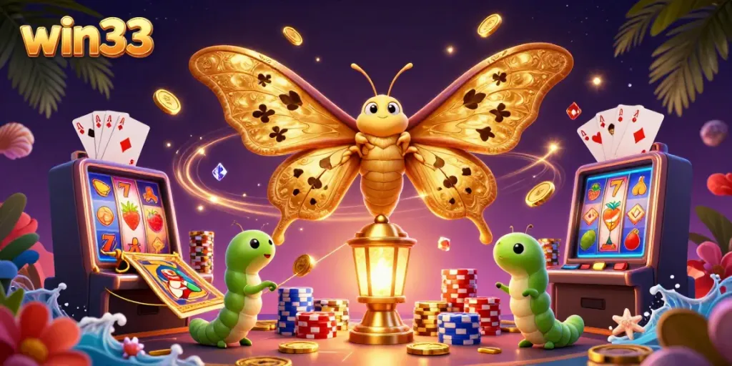 Experience thrilling gameplay at win33 with a dazzling illustration of a golden moth amidst casino delights.