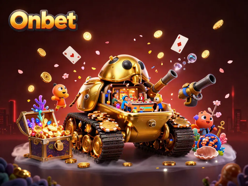 Experience the thrill of Onbet with a colorful 3D casino illustration featuring a golden beetle tank.