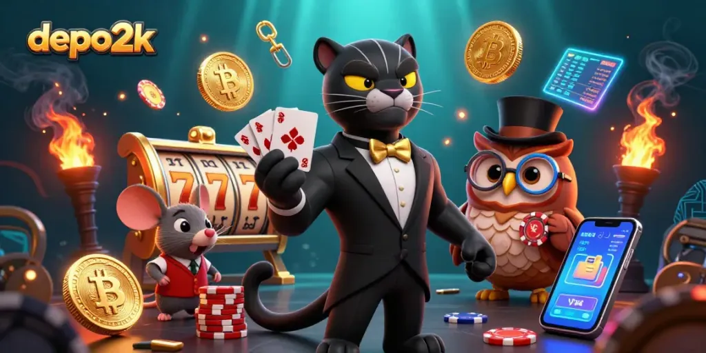 Win with depo2k in a vibrant 3D casino scene featuring a tuxedo panther and poker owl.