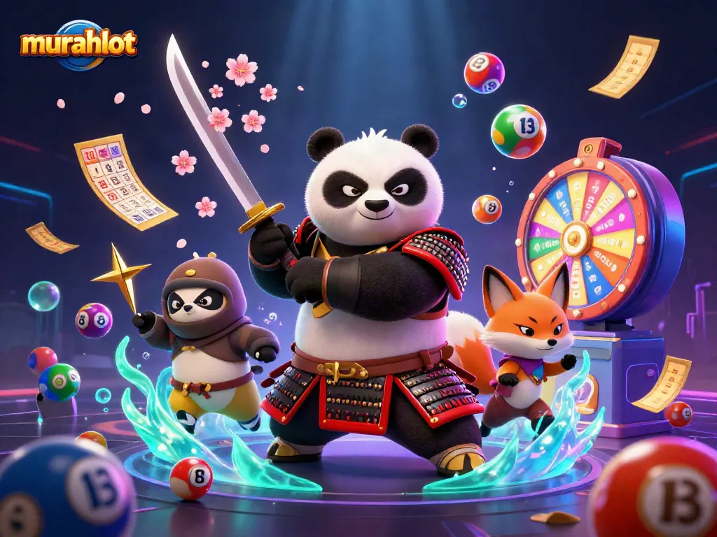 Menangkan jackpot di murahslot dengan samurai panda dan ninja fox dalam ilustrasi berwarna-warni.