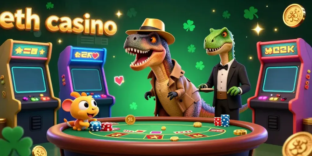 Engage in an eth casino adventure with a velociraptor card counter, a vigilant stegosaurus pit boss, and a sneaky compy thief amidst glowing arcade elements.