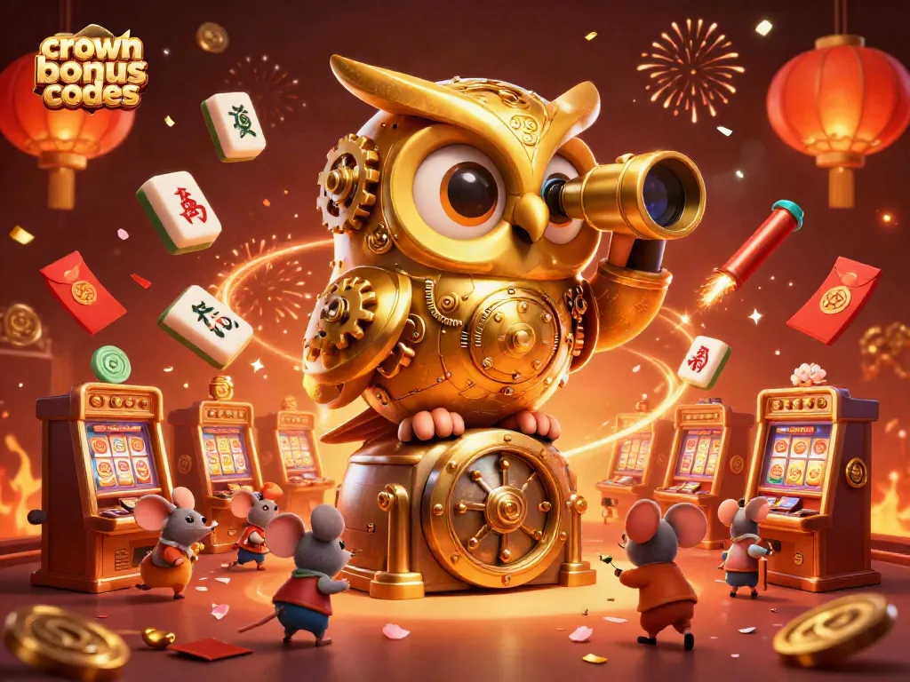 Engage with crown coins bonus codes as golden owl oversees a festive casino scene alive with excitement.