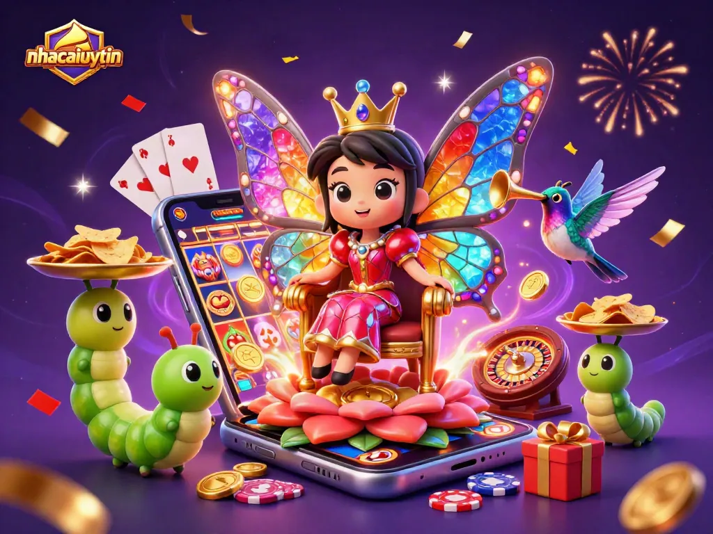 Bettors engage with nhacaiuytin-themed colorful slots and casino magic through a vibrant 3D illustration.