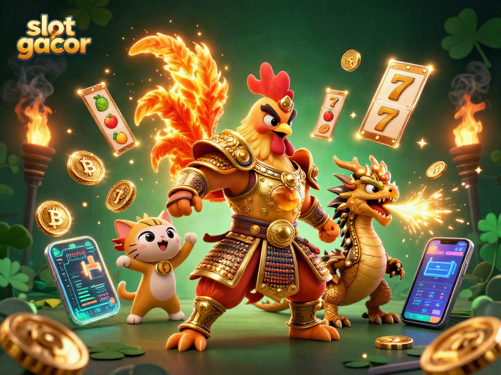 Spin and win with slot gacor symbols, cartoon characters in vibrant casino action.