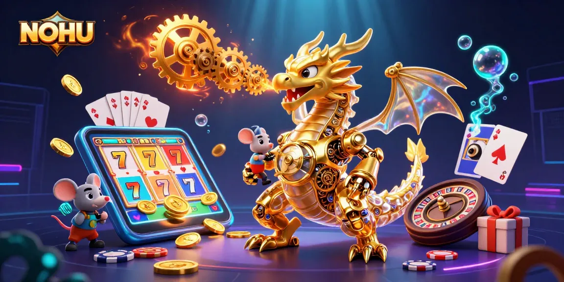 Experience the excitement of NOHU with a golden dragon, slot games, and casino elements in a vibrant scene.