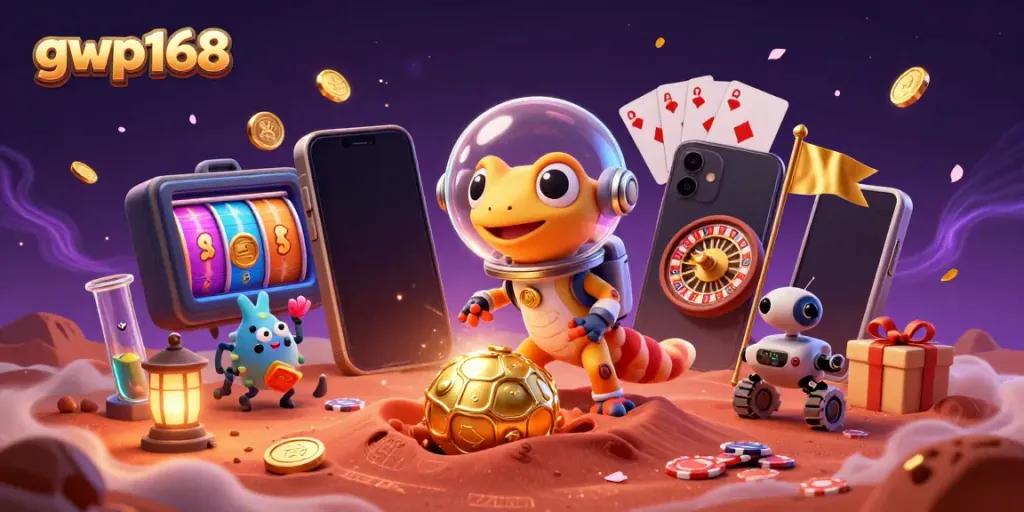 Mengalami keseruan permainan slot di gwp168 dengan gecko Martian dan robot, menyemarakkan suasana kasino.