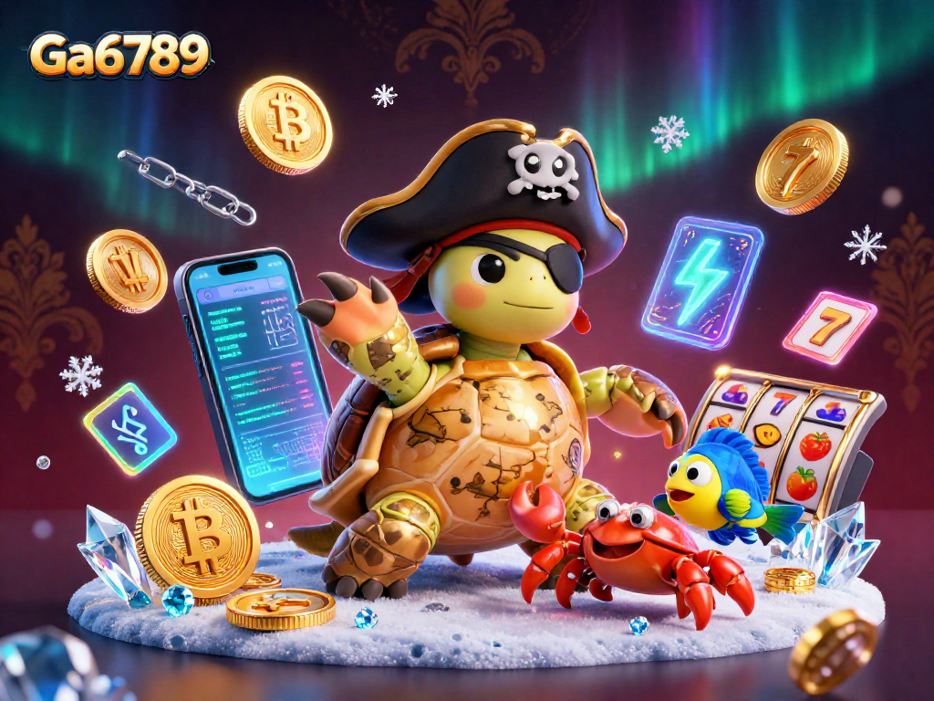 Play at Ga6789 with a pirate turtle amidst vibrant casino-themed treasures and crypto elements.
