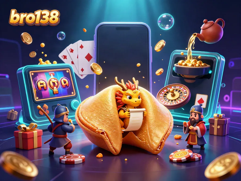 Catch exciting gaming moments with bro138 as a golden fortune cookie reveals winning fortunes in a dynamic scene.