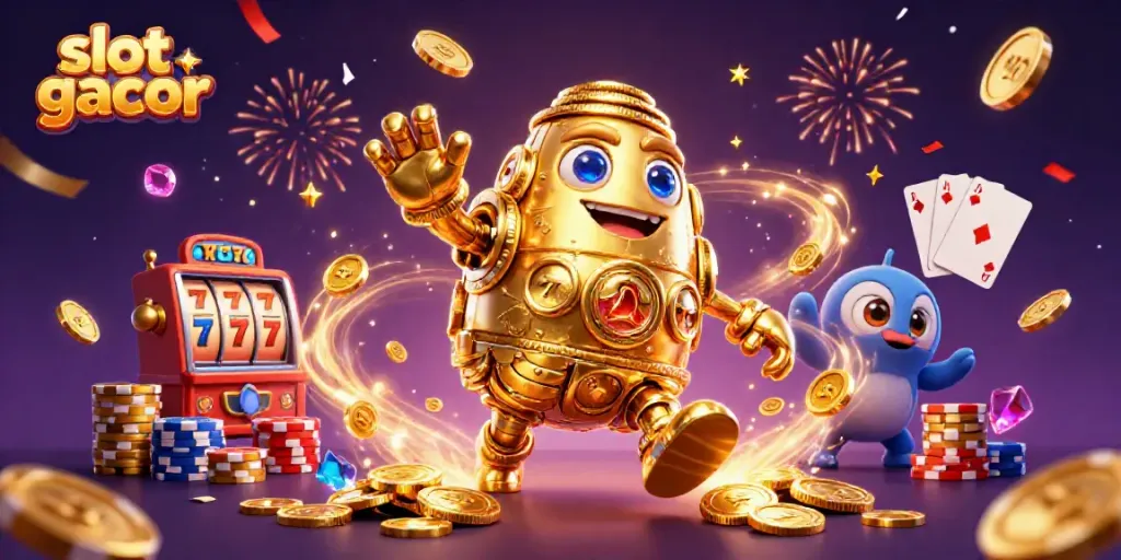 Win big with slot gacor, featuring a golden golem and dazzling casino elements.