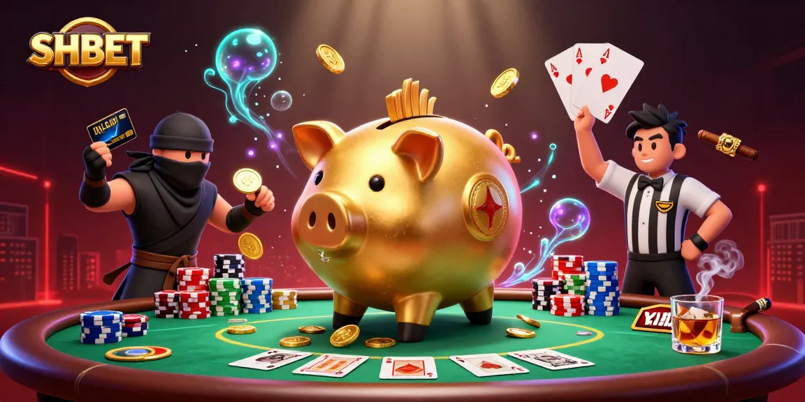 SHBET showcases intense casino action with a golden piggy bank sumo wrestling coins and poker elements.