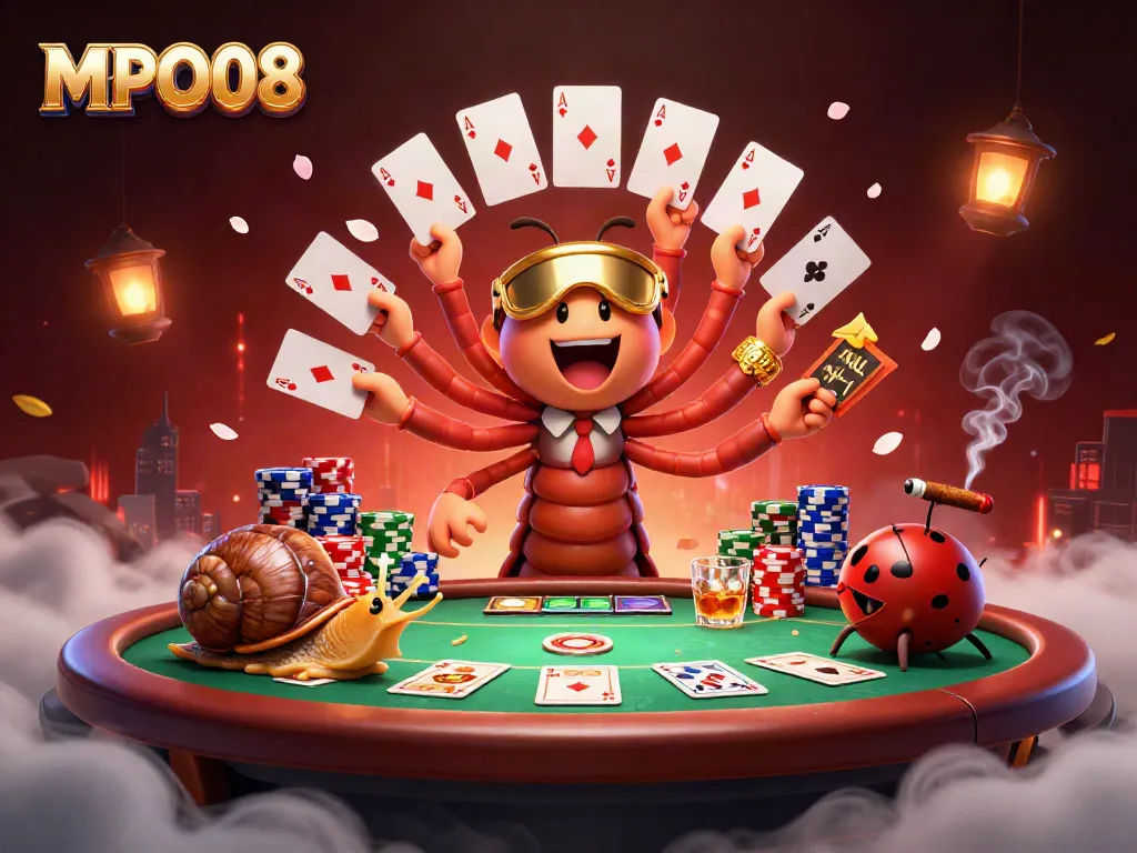 Engage with MPO08 in this lively 3D illustration showcasing a unique casino scene filled with vibrant characters and elements.