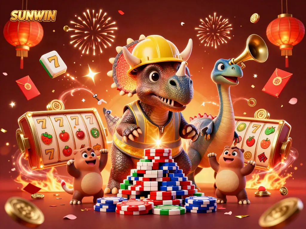 SUNWIN casino theme showcasing a triceratops building poker chips, surrounded by festive gaming elements.