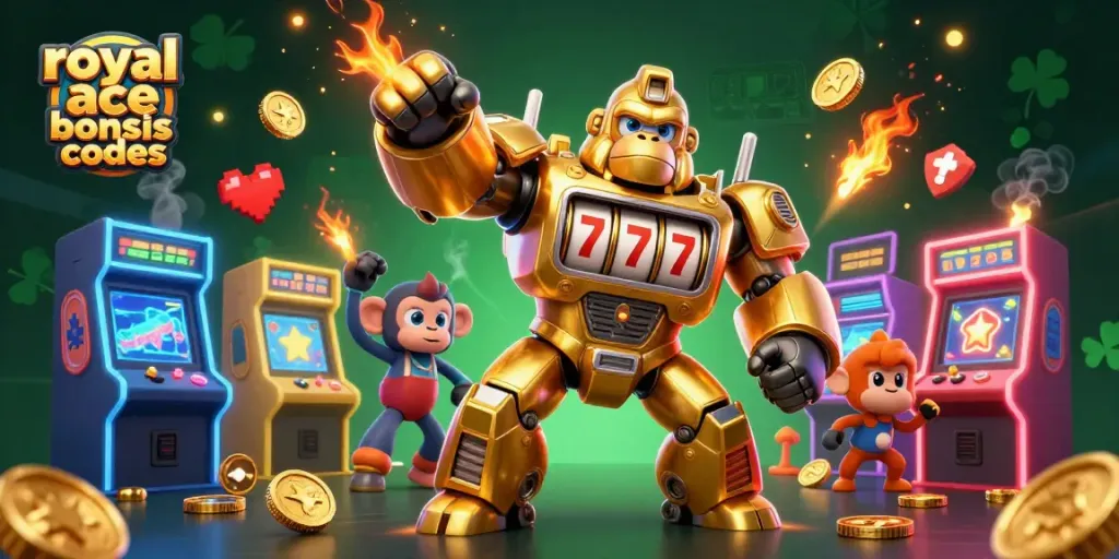 Win big with royal ace bonus codes featuring a golden gorilla mech amidst vibrant casino elements.