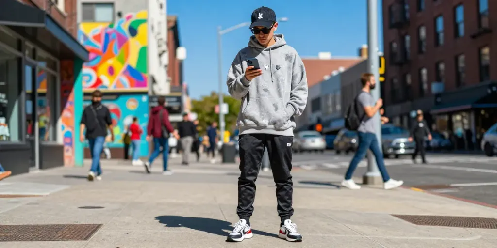 Fashion-forward individual showcasing streetwear style in urban setting, embodying peh888 trends.