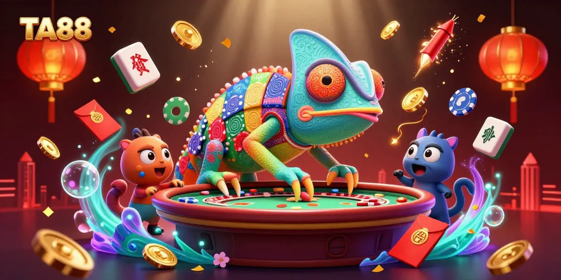 TA88 engages players by showcasing vibrant casino elements and a colorful chameleon character.