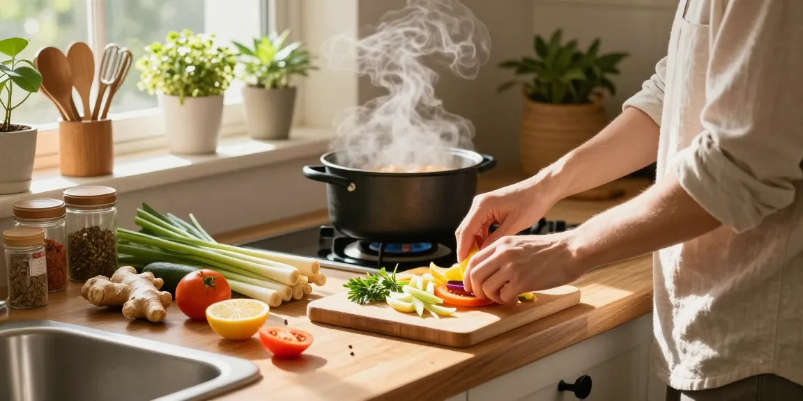 Fresh ingredients for a healthy meal featuring ginger, lemongrass, and vegetables in a cozy kitchen scene.