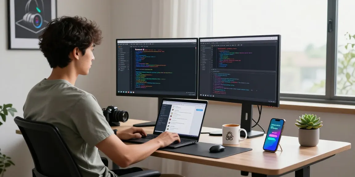 Kobold AI developer working in a modern tech workspace, showcasing coding on dual screens.