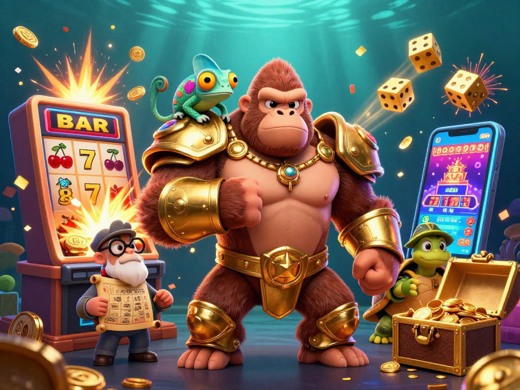 Powerful gorilla king celebrates a jackpot with a colorful scene of free credit slot games bursting with coins and symbols.